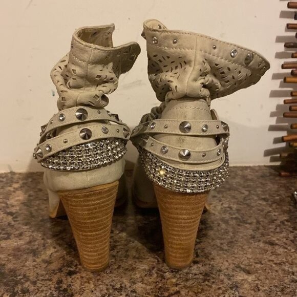 Tan Bling Chunky Heel Slouch Boots sz 10 - Picture 4 of 8